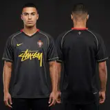 Model wearing Stussy 06 Portugal Away Jersey, a Touchline Drip football x streetwear jersey
