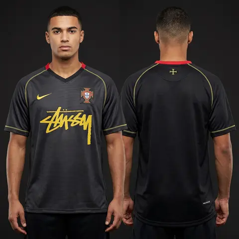 Model wearing Stussy 06 Portugal Away Jersey, a Touchline Drip football x streetwear jersey