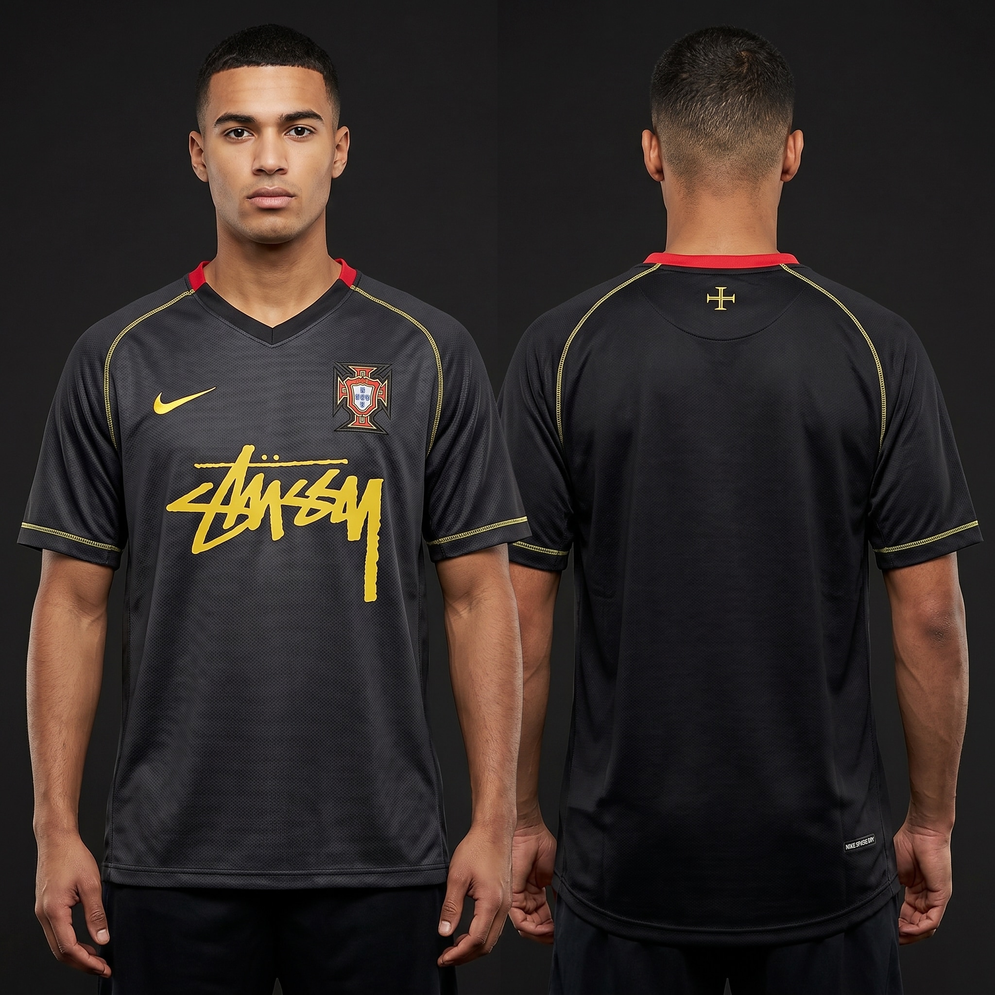 Model wearing Stussy Inspired 06 Portugal Away Jersey, a Touchline Drip fantasy football-inspired jersey