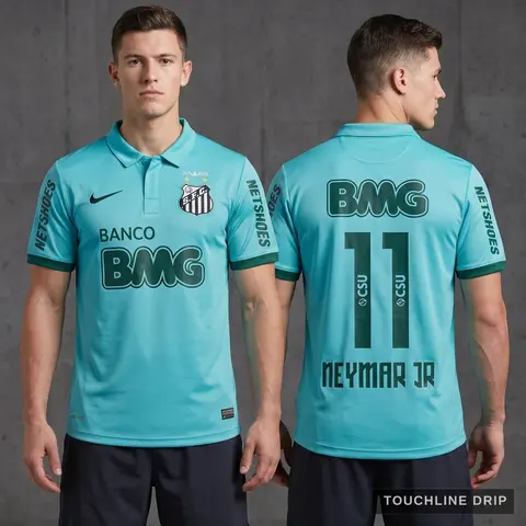 Model wearing Neymar JR Santos FC 2011 2012 Retro Blue Green Turquoise Jersey, a Touchline Drip football x streetwear jersey