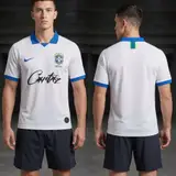 Model wearing Nike x Corteiz Brazil 2019 Jersey, a Touchline Drip football x streetwear jersey