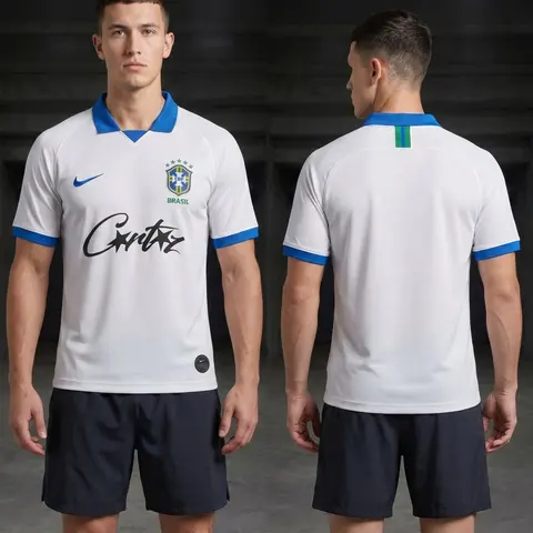 Model wearing Nike x Corteiz Brazil 2019 Jersey, a Touchline Drip football x streetwear jersey