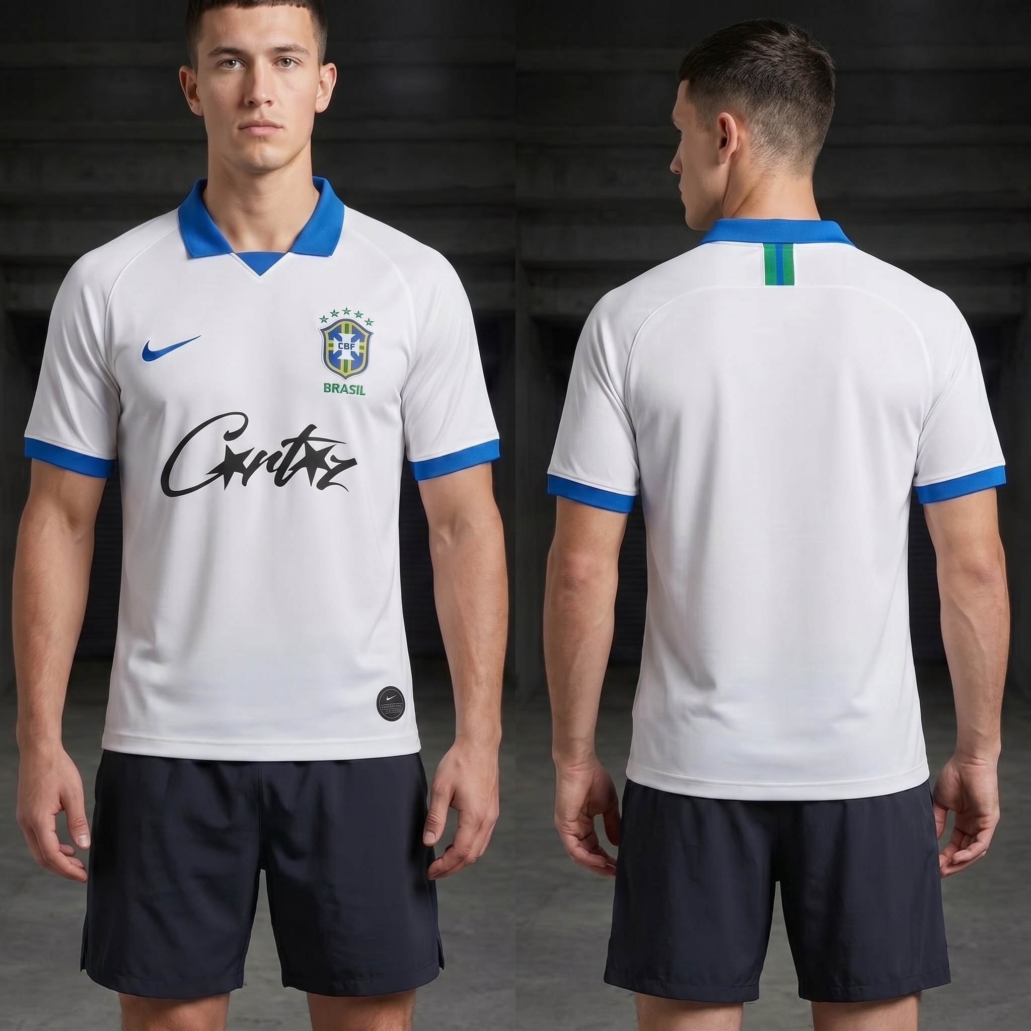 Model wearing Nike x Corteiz Brazil 2019 Jersey, a Touchline Drip fantasy football-inspired jersey