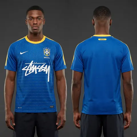 Model wearing Nike x Stussy Brazil Dynamic Blue Concept Jersey, a Touchline Drip football x streetwear jersey