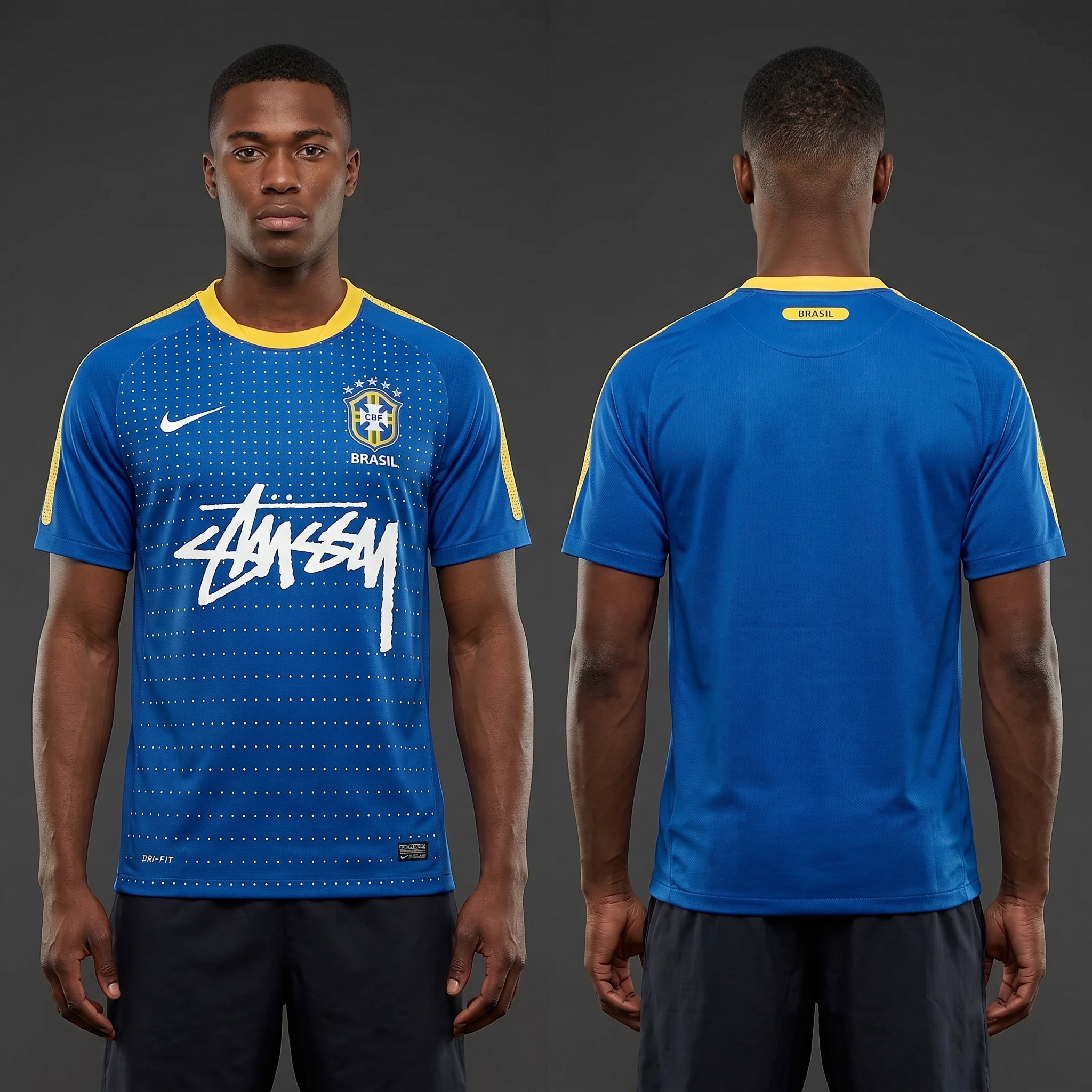 Model wearing Nike x Stussy Brazil Dynamic Blue Concept Jersey, a Touchline Drip fantasy football-inspired jersey