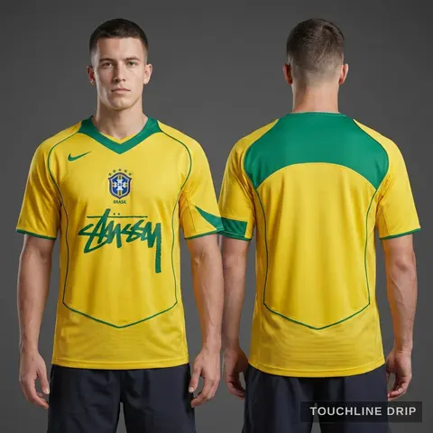 Model wearing Nike x Stussy Brazil 2004 Home Jersey, a Touchline Drip football x streetwear jersey