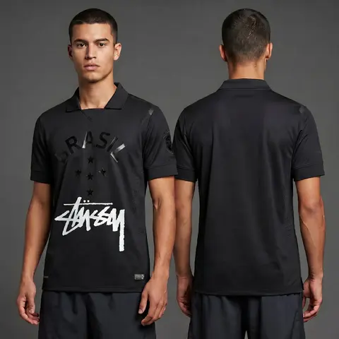 Model wearing Nike x Stussy Brazil 13/14 Blacked Out Jersey, a Touchline Drip football x streetwear jersey