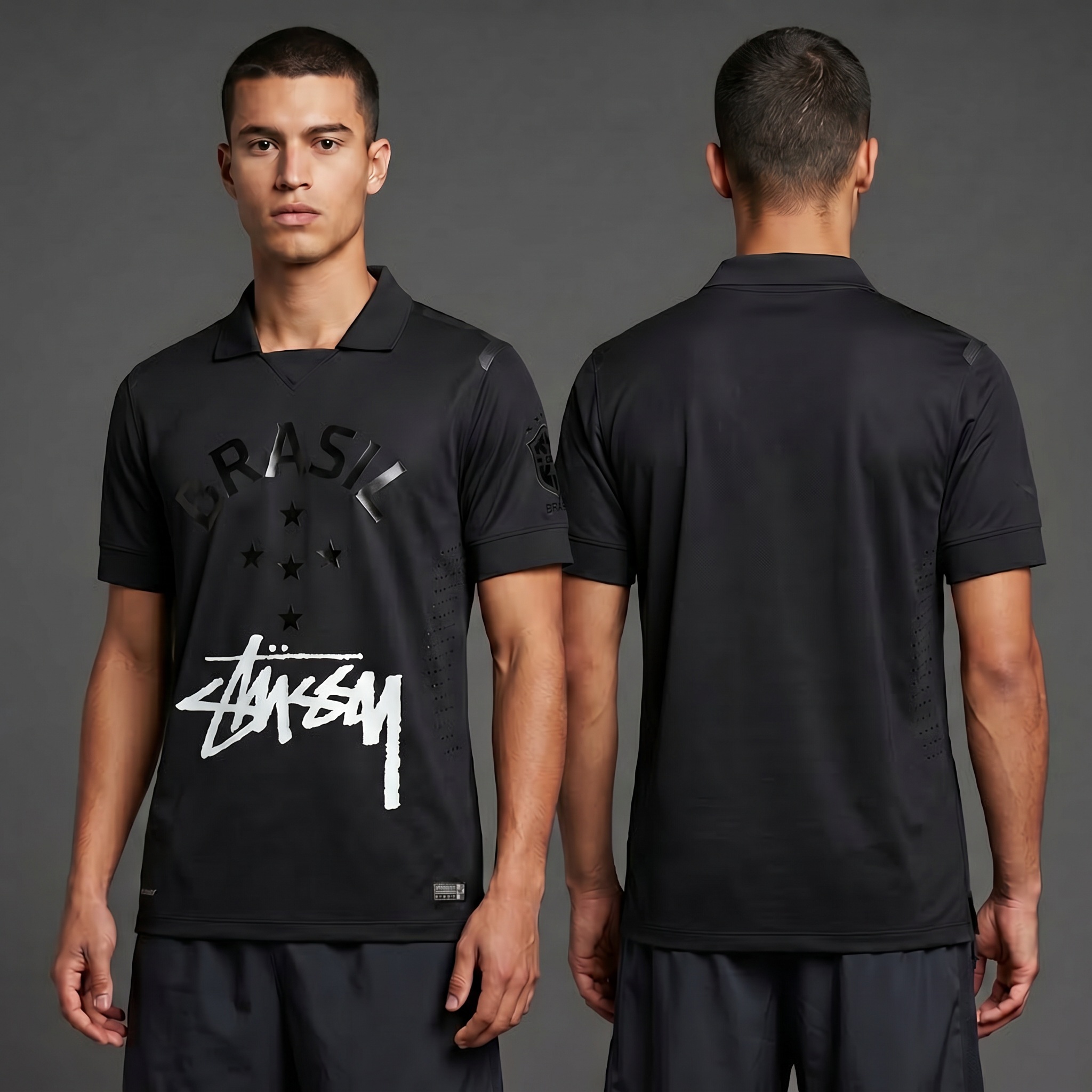 Model wearing Nike x Stussy Brazil 13/14 Blacked Out Jersey, a Touchline Drip fantasy football-inspired jersey