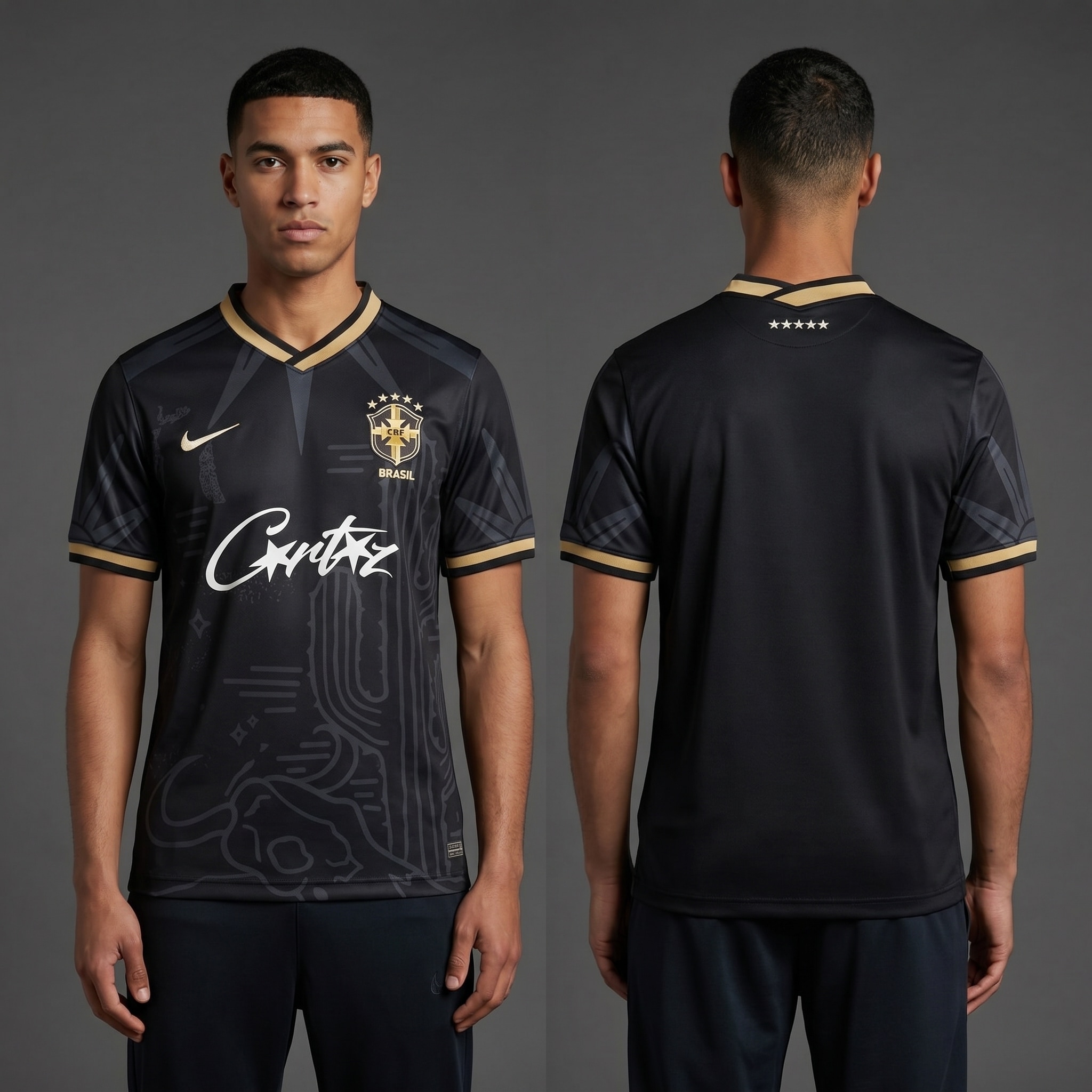 Model wearing Corteiz x Brazil Desert Breeze Alcatarz Concept Jersey, a Touchline Drip fantasy football-inspired jersey