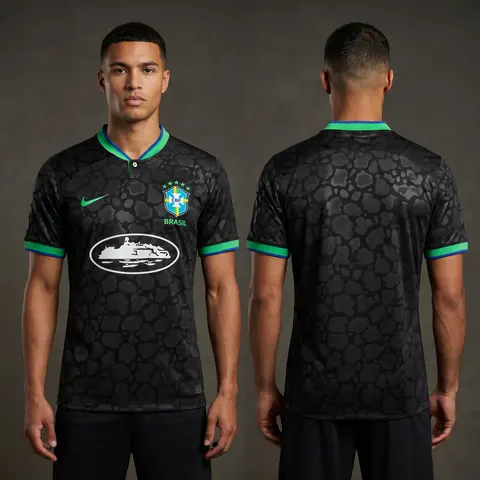 Model wearing Nike x Corteiz Alcatraz Brazil Black Leopard Concept Jersey, a Touchline Drip football x streetwear jersey