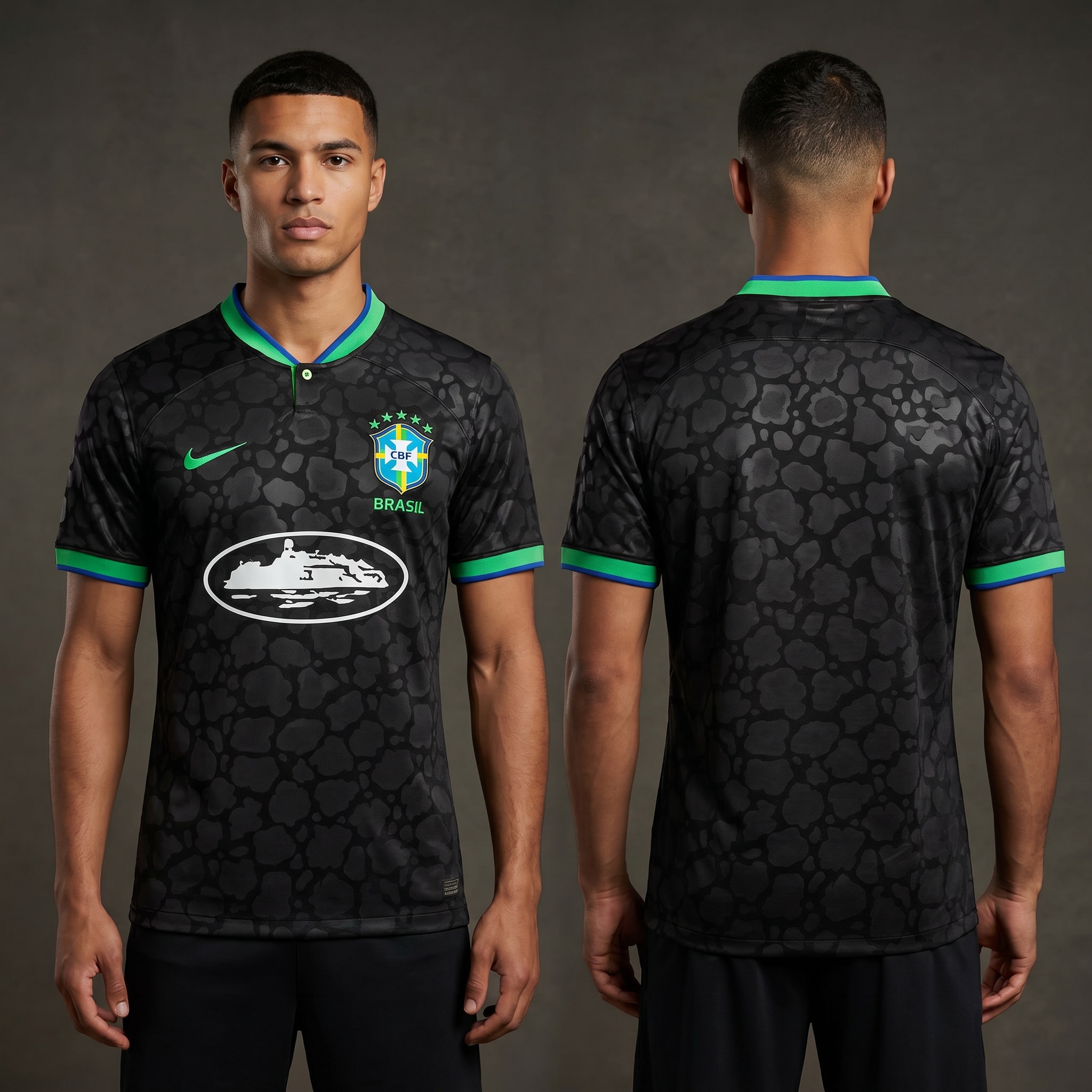 Model wearing Nike x Corteiz Alcatraz Brazil Black Leopard Concept Jersey, a Touchline Drip fantasy football-inspired jersey