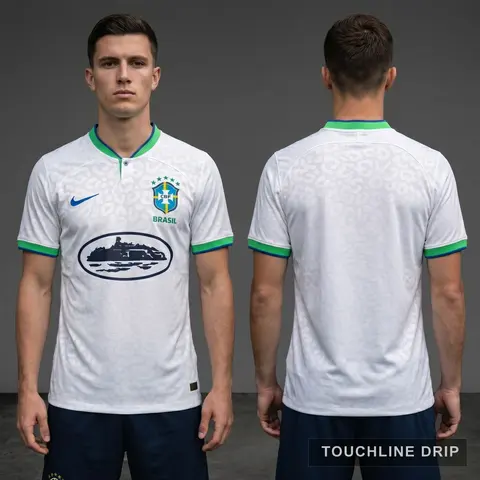 Model wearing Nike x Corteiz Alcatraz Brazil White Leopard Concept Jersey, a Touchline Drip football x streetwear jersey