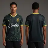 Model wearing Corteiz x Brazil Desert Breeze Concept Jersey, a Touchline Drip football x streetwear jersey