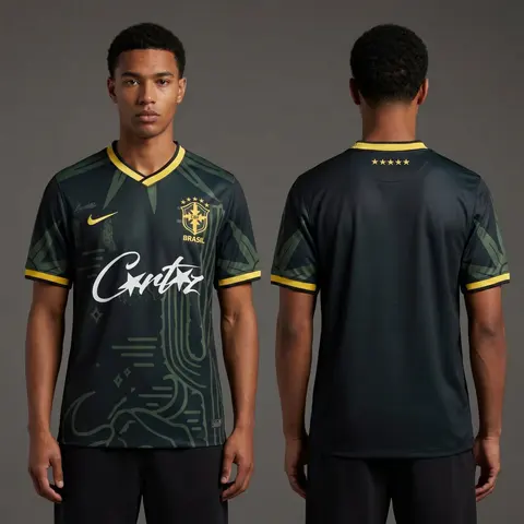 Model wearing Corteiz x Brazil Desert Breeze Concept Jersey, a Touchline Drip football x streetwear jersey