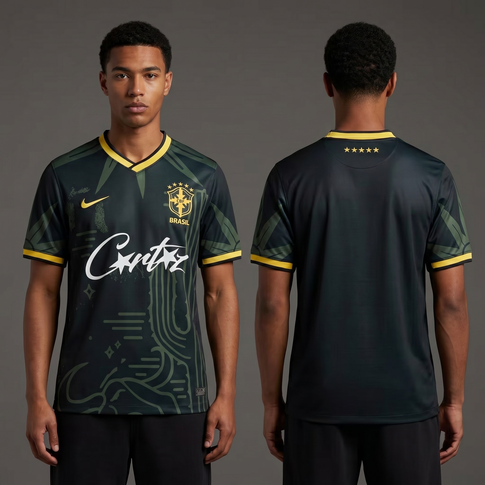 Model wearing Corteiz x Brazil Desert Breeze Concept Jersey, a Touchline Drip fantasy football-inspired jersey