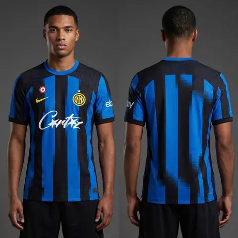 Model wearing Nike x Corteiz Inter Memorabilia Concept Jersey, a Touchline Drip football x streetwear jersey