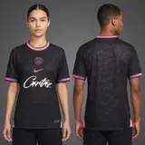 Model wearing Nike x Corteiz PSG GTO Black and Pink Concept Jersey, a Touchline Drip football x streetwear jersey