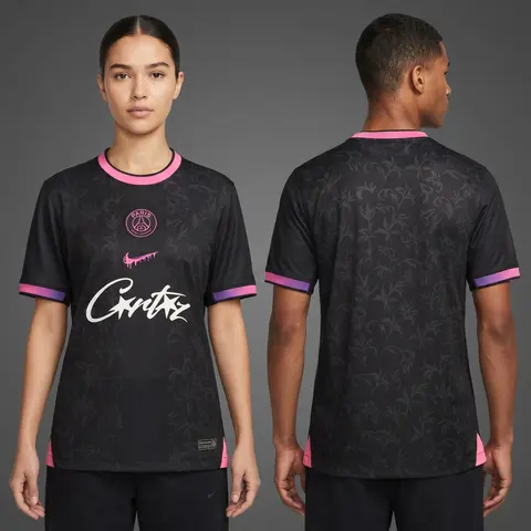 Model wearing Nike x Corteiz PSG GTO Black and Pink Concept Jersey, a Touchline Drip football x streetwear jersey