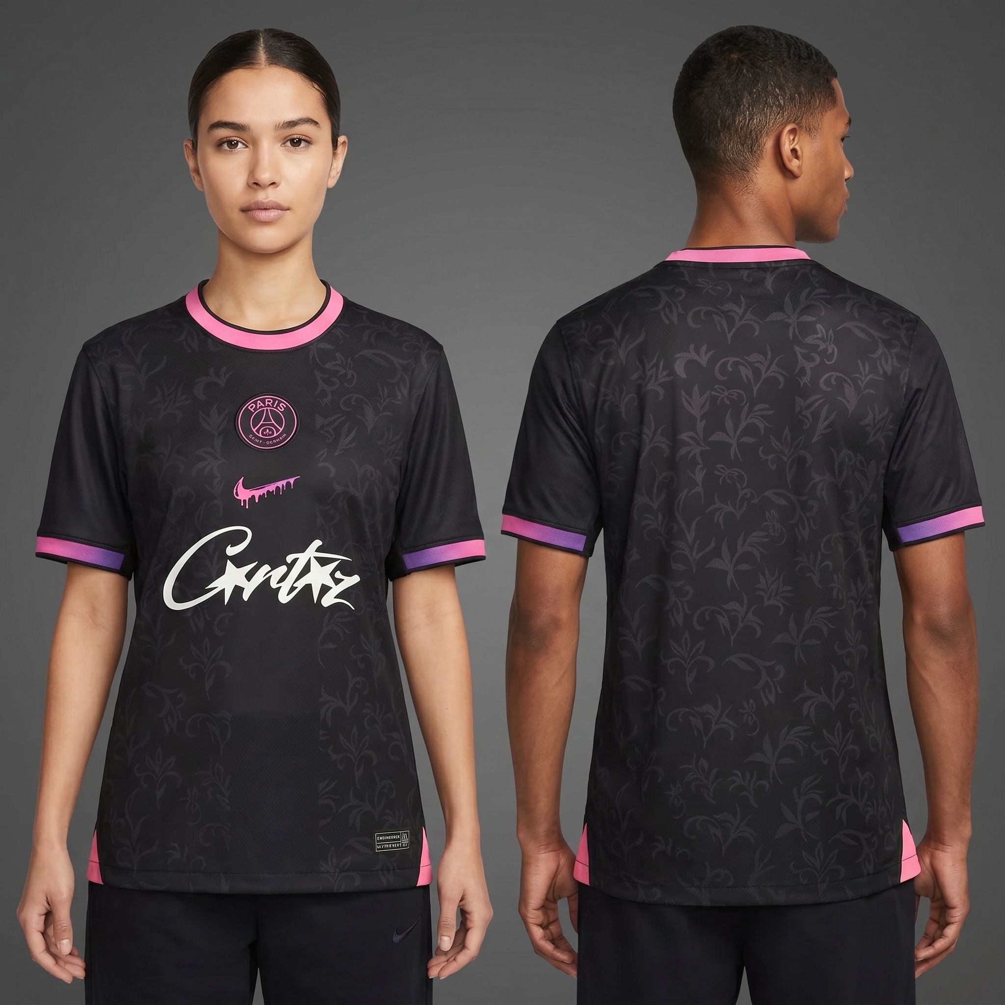 Model wearing Nike x Corteiz PSG GTO Black and Pink Concept Jersey, a Touchline Drip fantasy football-inspired jersey