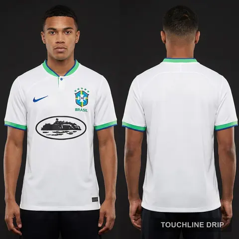 Model wearing Nike x Corteiz Brazil White Leopard Concept Jersey, a Touchline Drip football x streetwear jersey