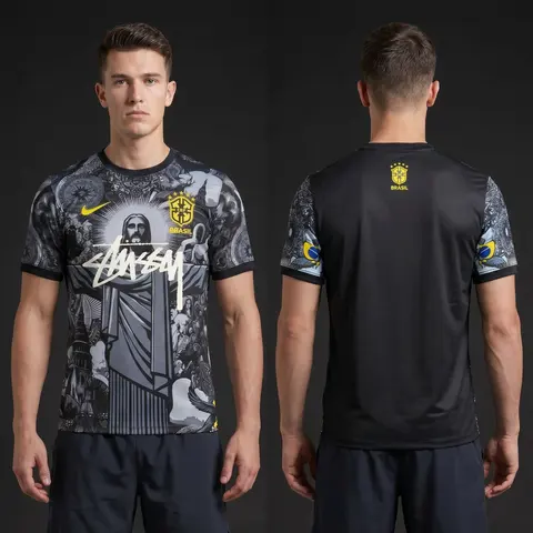 Model wearing Nike x Stussy Brazil Christ the Redeemer Concept Kit, a Touchline Drip football x streetwear jersey