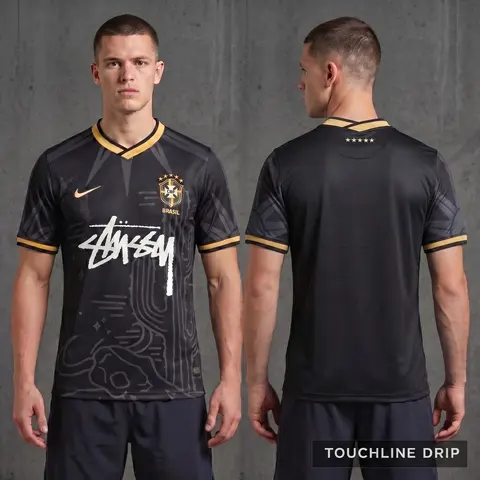 Model wearing Nike x Stussy Brazil Desert Breeze Concept Jersey, a Touchline Drip football x streetwear jersey