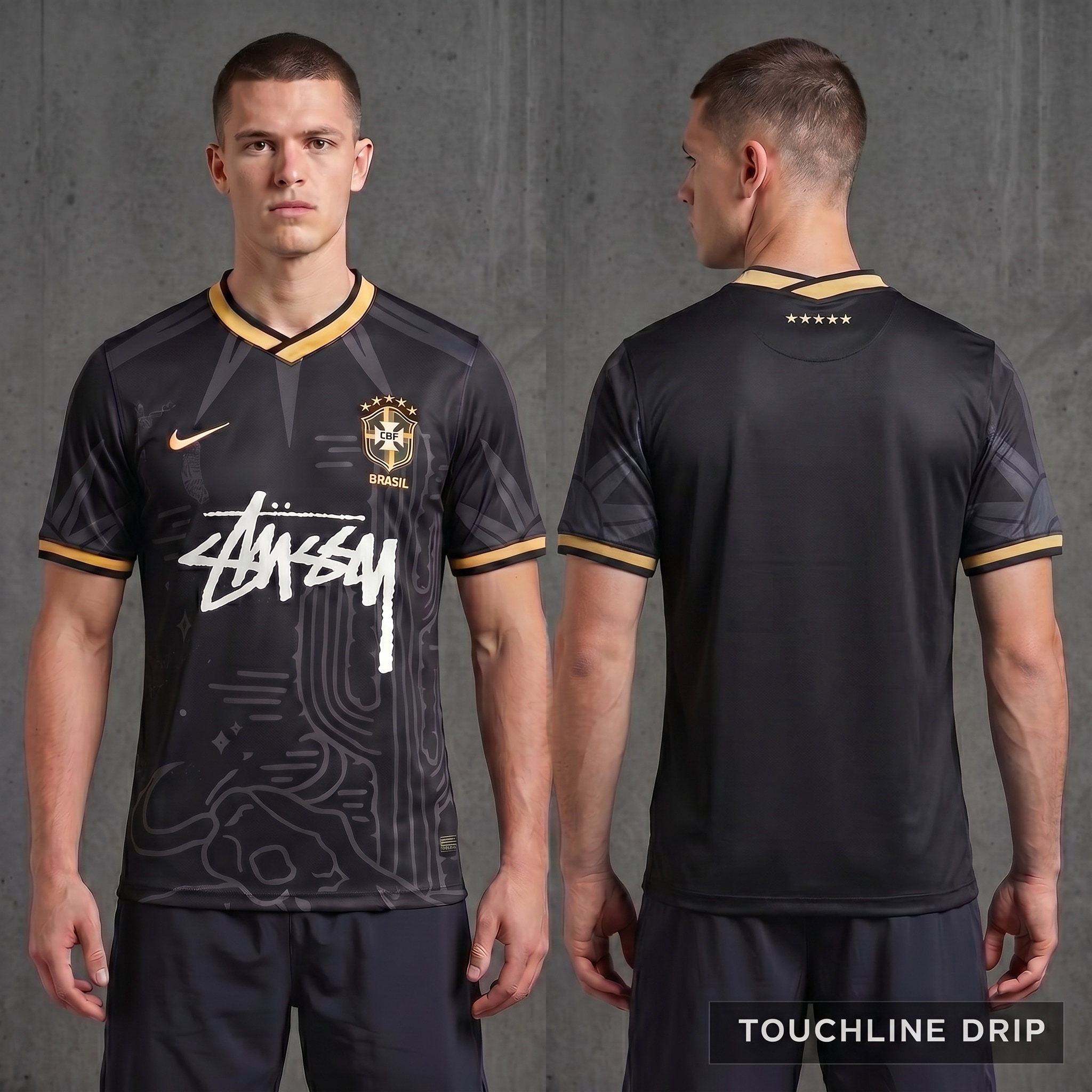 Model wearing Nike x Stussy Brazil Desert Breeze Concept Jersey, a Touchline Drip fantasy football-inspired jersey