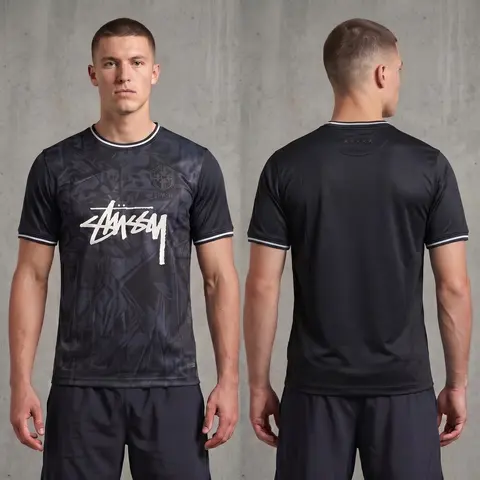 Model wearing Nike x Stussy Blacked Out Brazil Concept Jersey, a Touchline Drip football x streetwear jersey