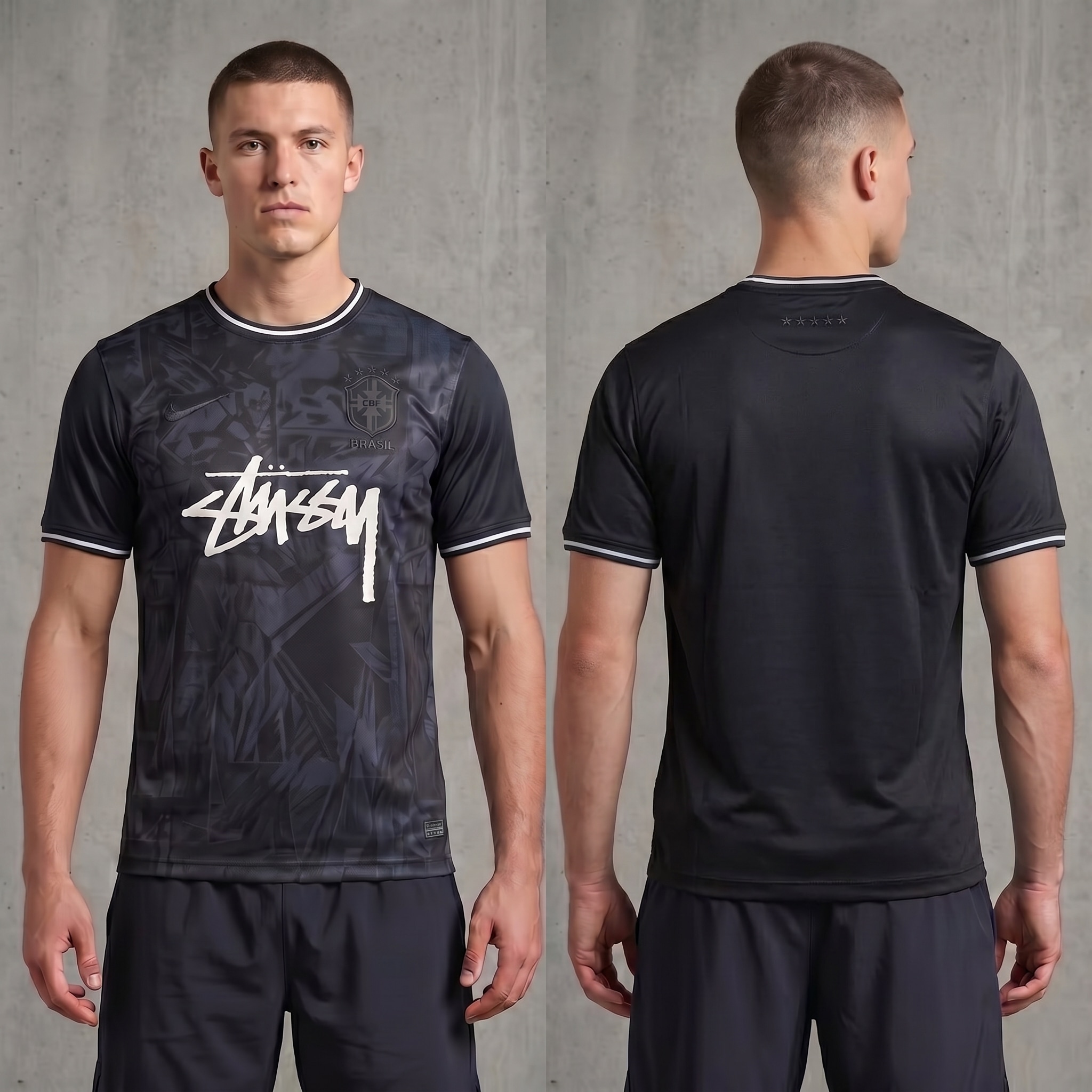 Model wearing Nike x Stussy Blacked Out Brazil Concept Jersey, a Touchline Drip fantasy football-inspired jersey