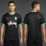 Model wearing Nike x Stussy Brazil Black Leopard Concept Jersey, a Touchline Drip football x streetwear jersey