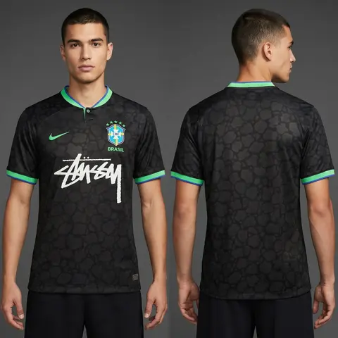 Model wearing Nike x Stussy Brazil Black Leopard Concept Jersey, a Touchline Drip football x streetwear jersey