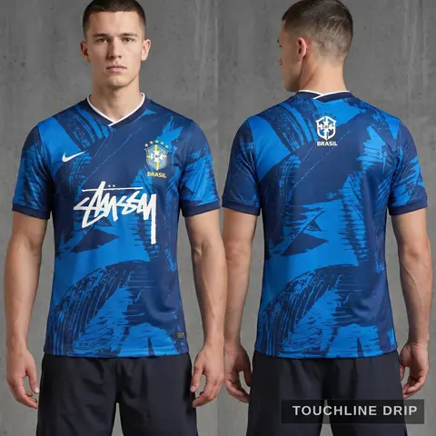 Model wearing Nike x Stussy Brazil Mid Blue Leaf Print Concept Jersey, a Touchline Drip football x streetwear jersey