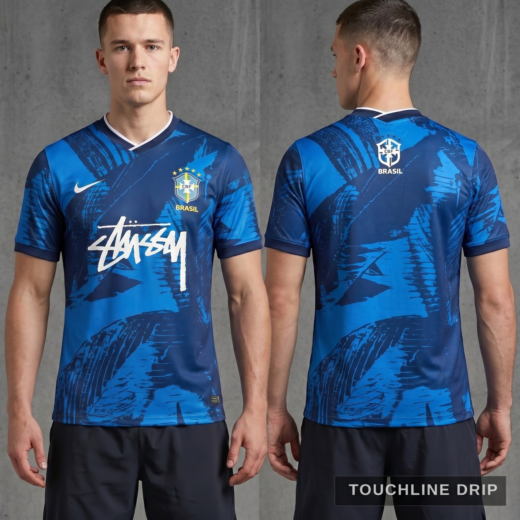 Model wearing Nike x Stussy Brazil Mid Blue Leaf Print Concept Jersey, a Touchline Drip fantasy football-inspired jersey