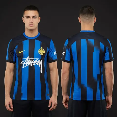 Model wearing Nike x Stussy Inter Memorabilia Home Jersey, a Touchline Drip football x streetwear jersey