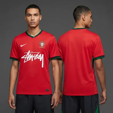 Model wearing Nike x Stussy Portugal Kit, a Touchline Drip football x streetwear jersey