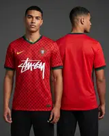 Model wearing Nike x Stussy Portugal Special Edition Kit, a Touchline Drip football x streetwear jersey