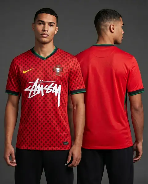Model wearing Nike x Stussy Portugal Special Edition Kit, a Touchline Drip football x streetwear jersey