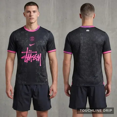 Model wearing Nike x Stussy PSG GTO Black and Pink Jersey, a Touchline Drip football x streetwear jersey