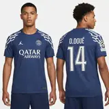 Model wearing PSG 24/25 Desire Doue Fourth Shirt, a Touchline Drip football x streetwear jersey