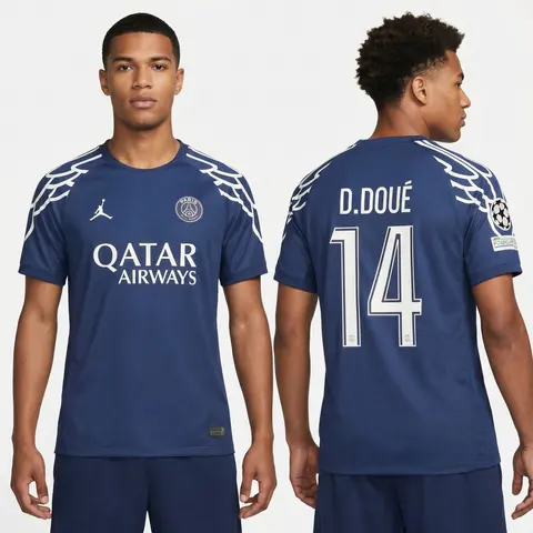 Model wearing PSG 24/25 Desire Doue Fourth Shirt, a Touchline Drip football x streetwear jersey