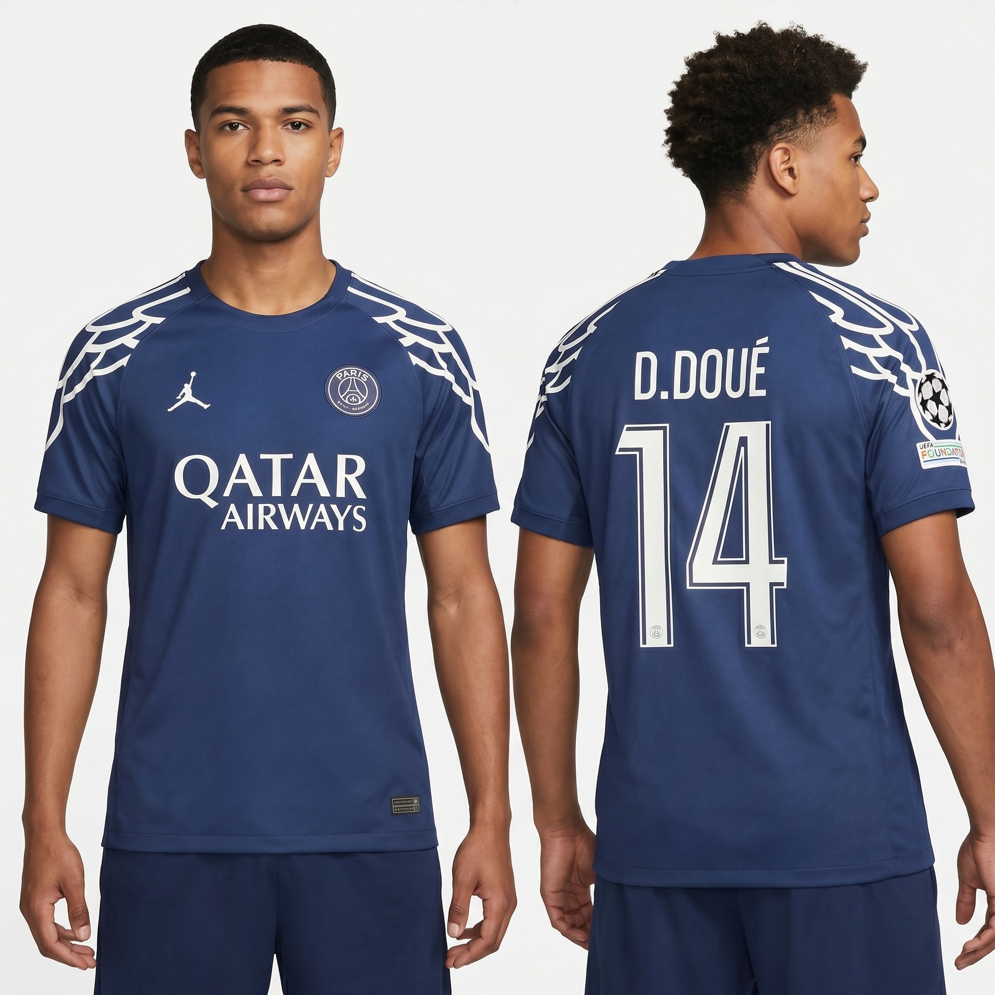 Model wearing PSG 24/25 Desire Doue Fourth Shirt, a Touchline Drip fantasy football-inspired jersey