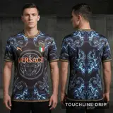 Model wearing Puma x Versace Special Edition Italia Jersey, a Touchline Drip football x streetwear jersey
