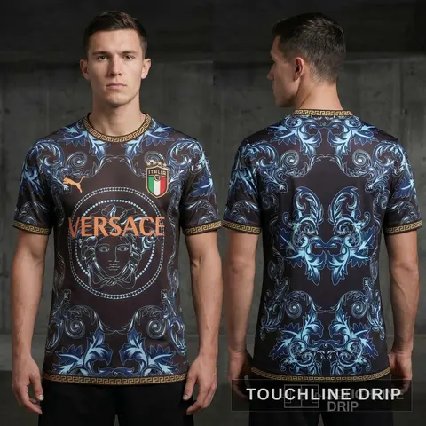 Model wearing Puma x Versace Special Edition Italia Jersey, a Touchline Drip football x streetwear jersey