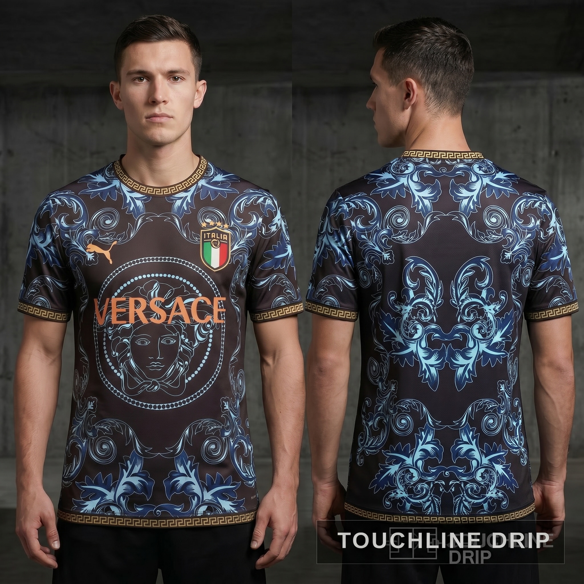 Model wearing Puma x Versace Special Edition Italia Jersey, a Touchline Drip fantasy football-inspired jersey