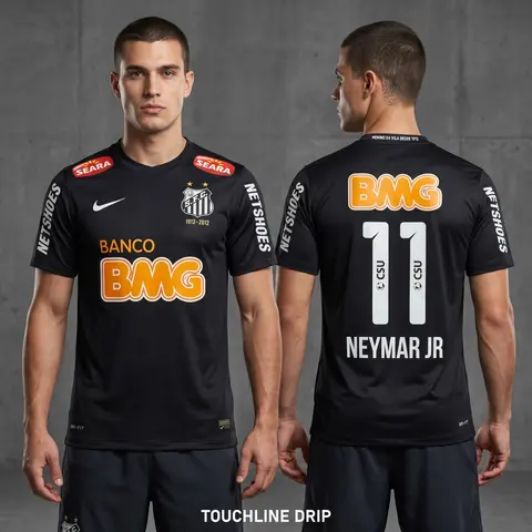 Model wearing Santos 2012/13 Black Neymar Jr #11 Jersey, a Touchline Drip football x streetwear jersey