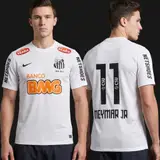 Model wearing Santos 2012/13 Home Neymar Jr #11 Jersey White, a Touchline Drip football x streetwear jersey