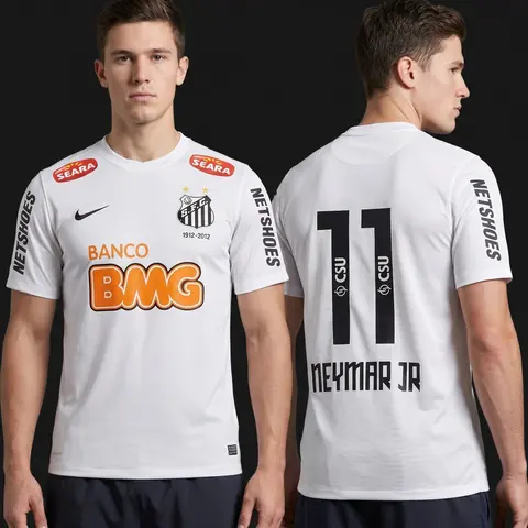 Model wearing Santos 2012/13 Home Neymar Jr #11 Jersey White, a Touchline Drip football x streetwear jersey