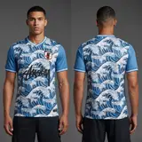 Model wearing JAPAN x Stussy "kanagawa" BLUE JERSEY, a Touchline Drip football x streetwear jersey