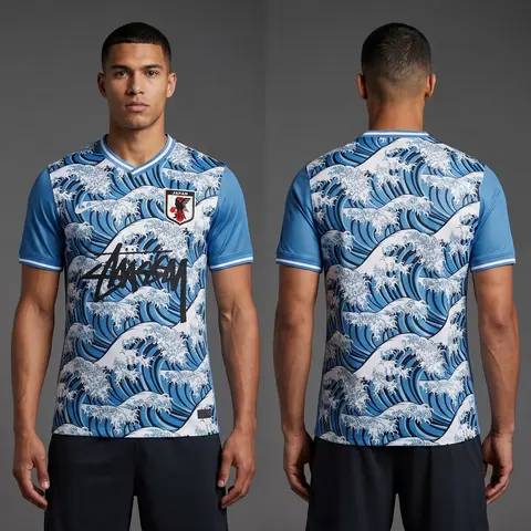 Model wearing JAPAN x Stussy "kanagawa" BLUE JERSEY, a Touchline Drip football x streetwear jersey