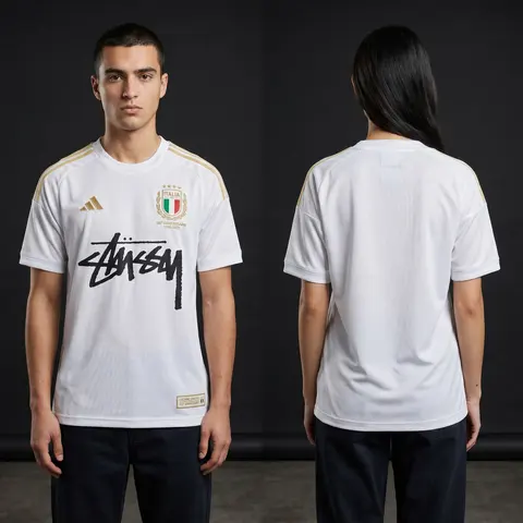 Model wearing Stussy x Italy 125th Anniversary Jersey, a Touchline Drip football x streetwear jersey
